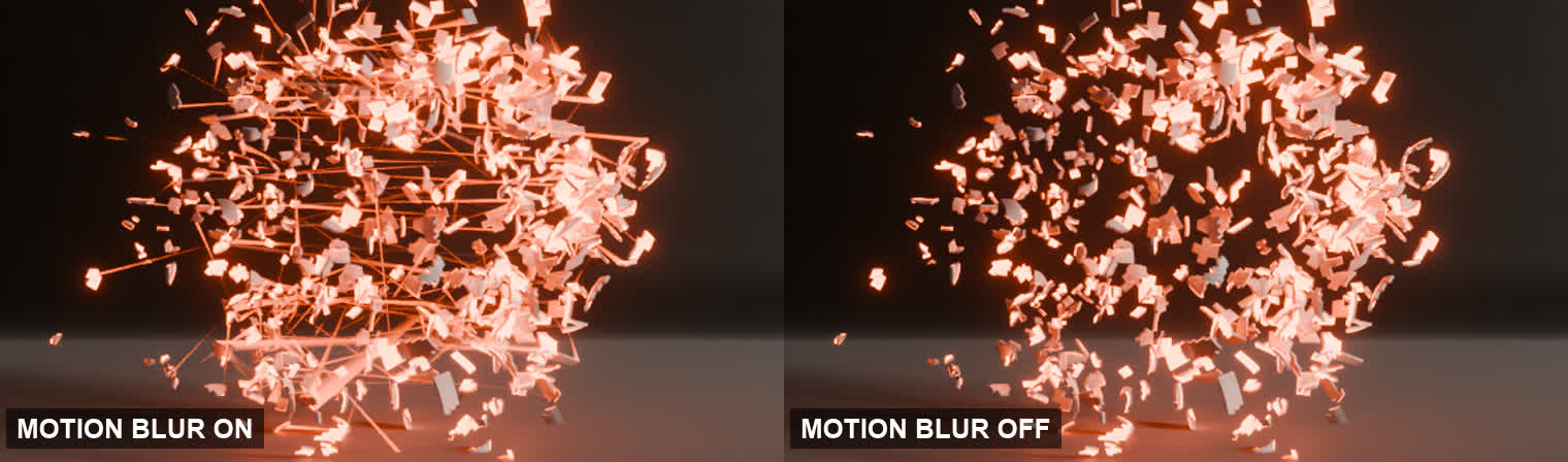 The same frame with motion blur on and off. With it on, long thin needles stretch across the debris; with it off, the shards are clean.